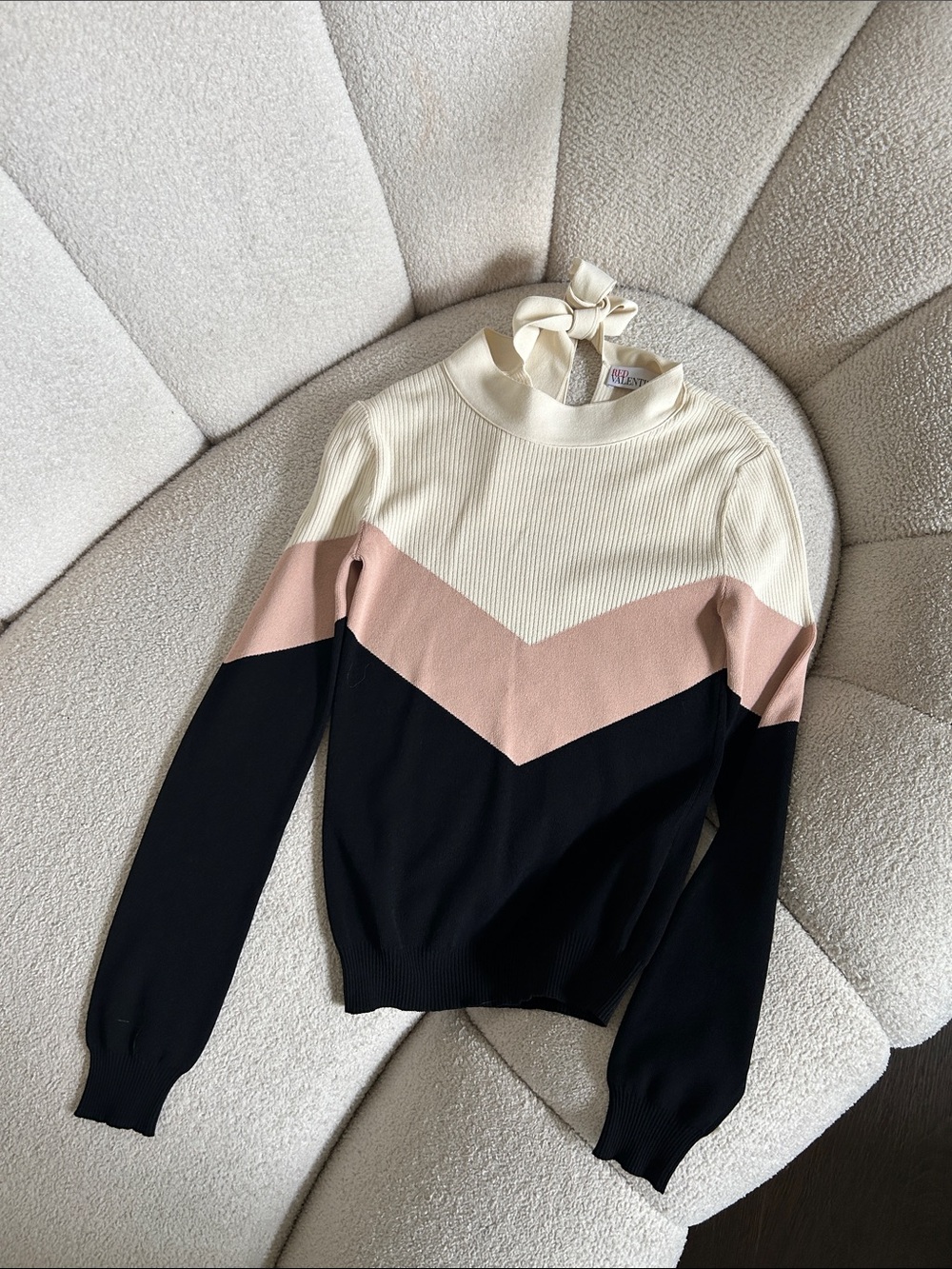 RED Valentino Colorblock Chevron Knit Sweater - Cream, Blush & Black